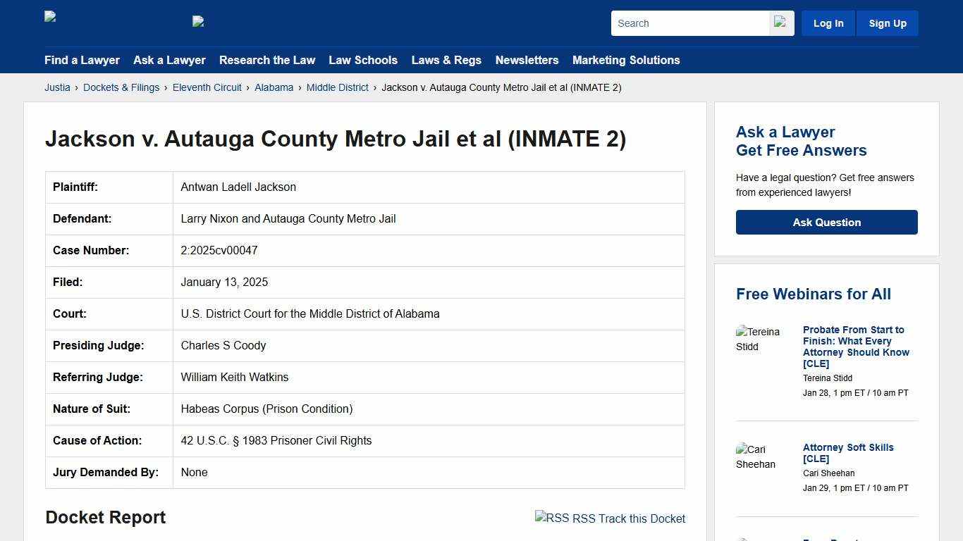 Jackson v. Autauga County Metro Jail et al (INMATE 2) 2:2025cv00047 U.S. District Court for the Middle District of Alabama Justia